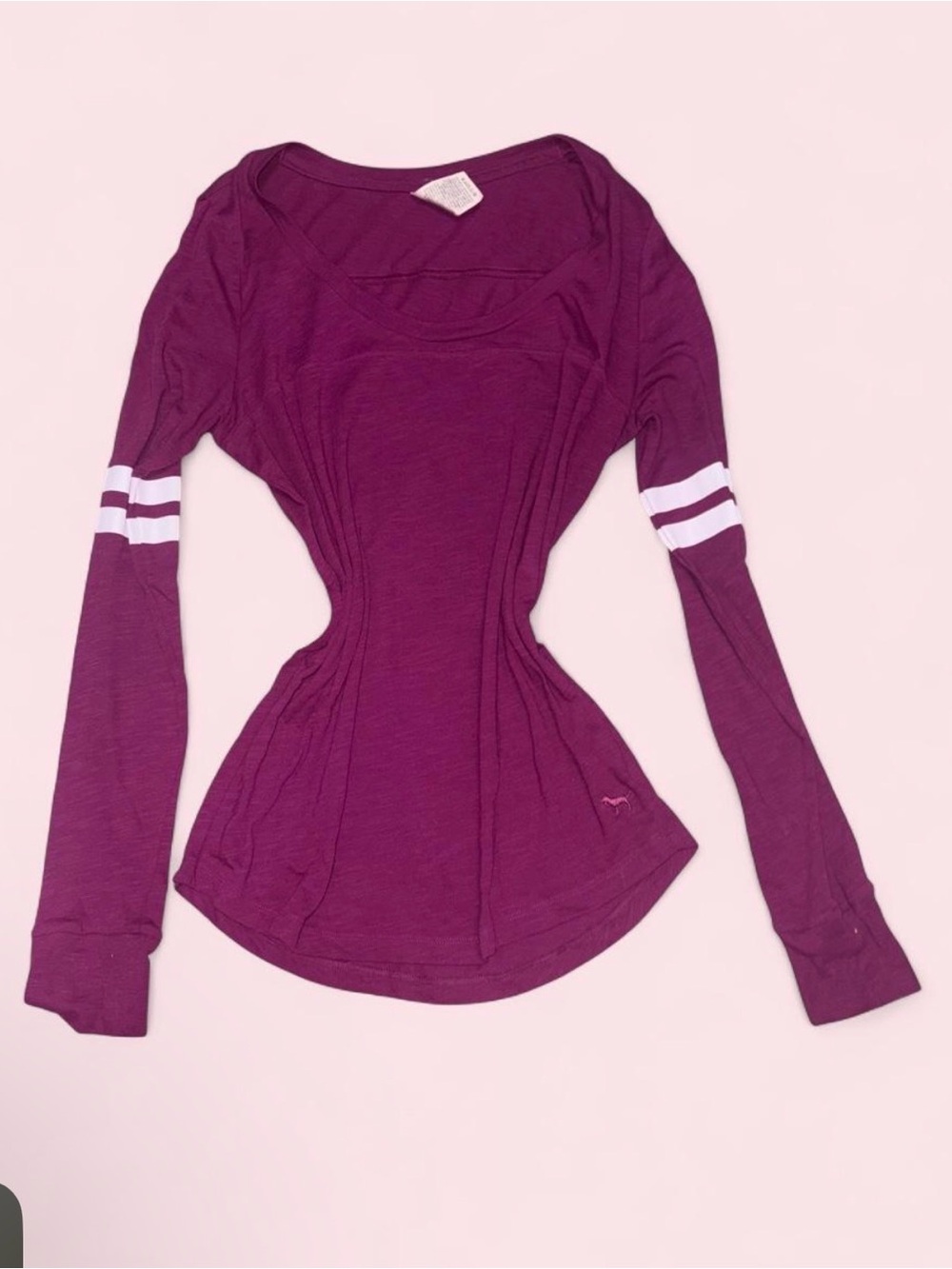 PINK Victoria's Secret Plum Long-Sleeve Scoop Neck Top with White Sleeve Stripes